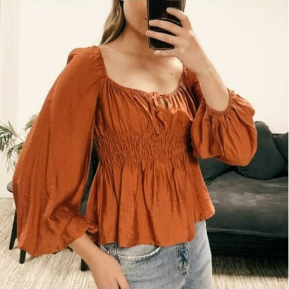 PAPER HEART Rust Orange Puff Sleeve Shirred Peplum Top Blouse